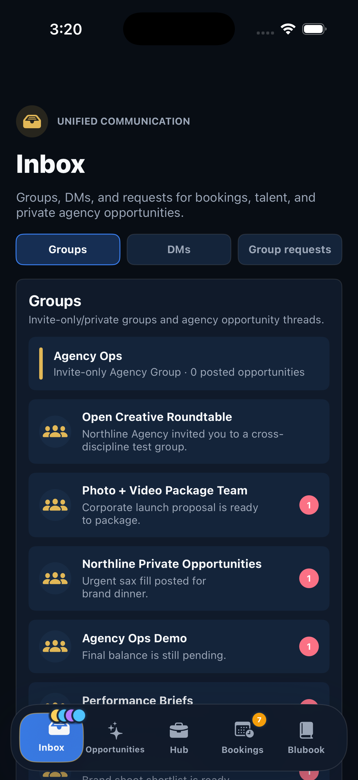 Agency demo account Inbox screen with agency groups and collaboration threads
