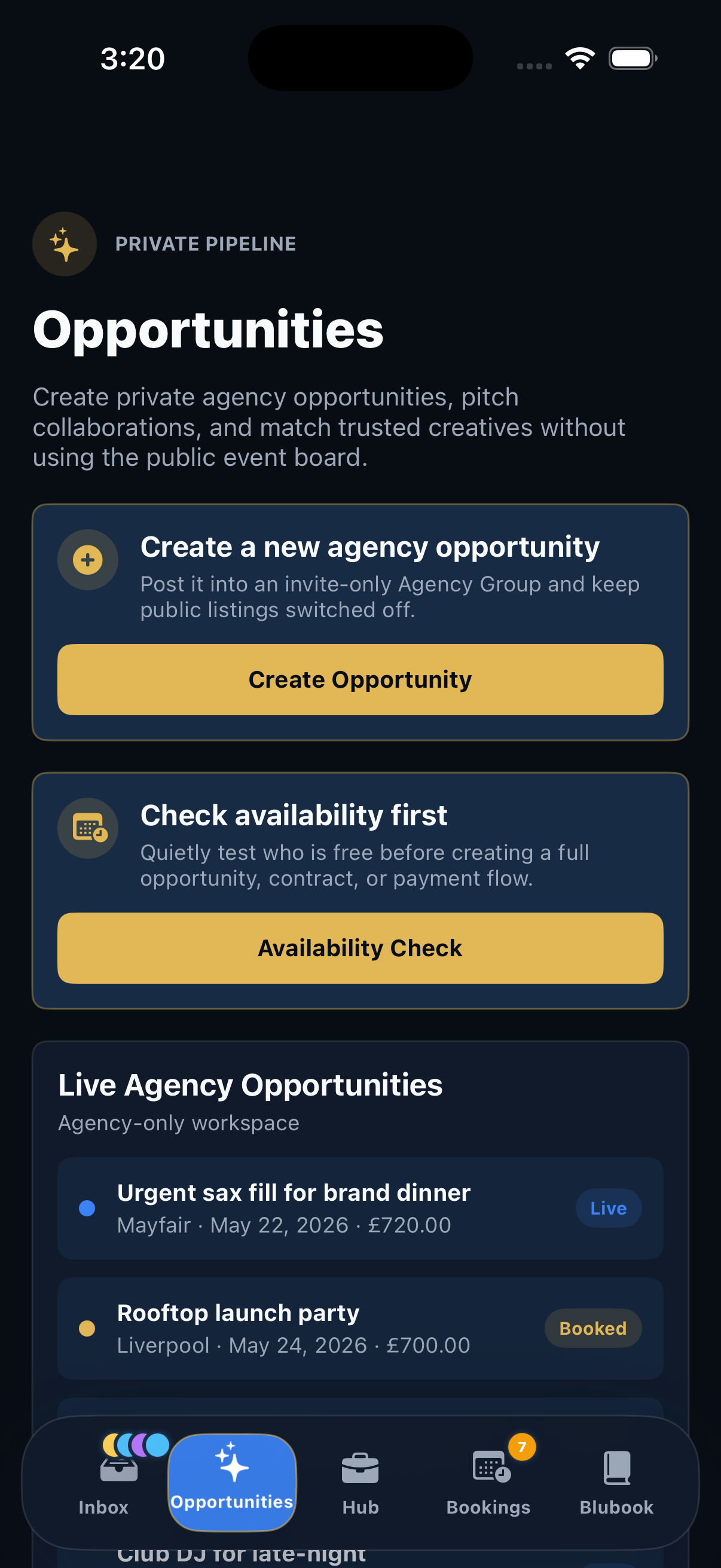 Agency demo account Opportunities screen with private agency opportunities and booked items