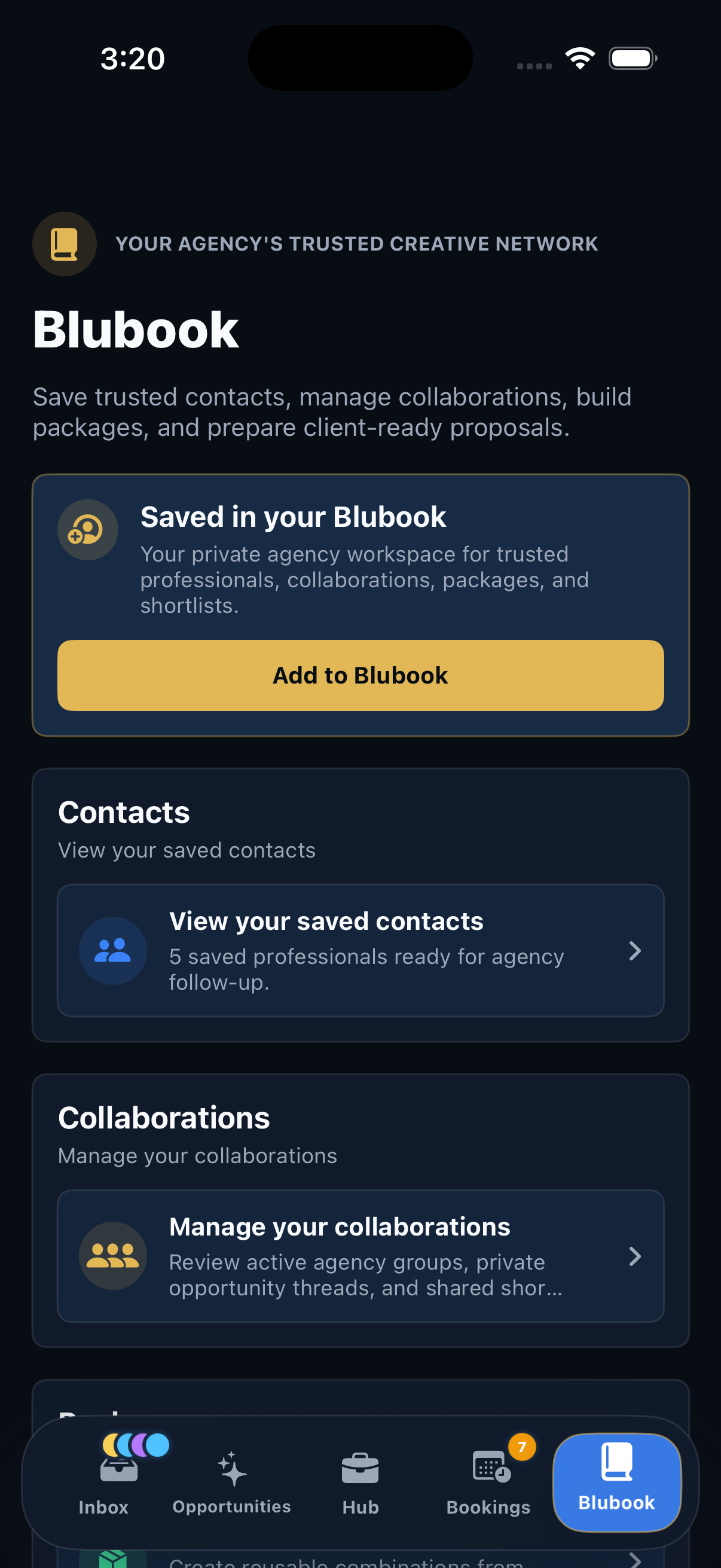Agency demo account Blubook screen with saved contacts, collaborations, and package tools