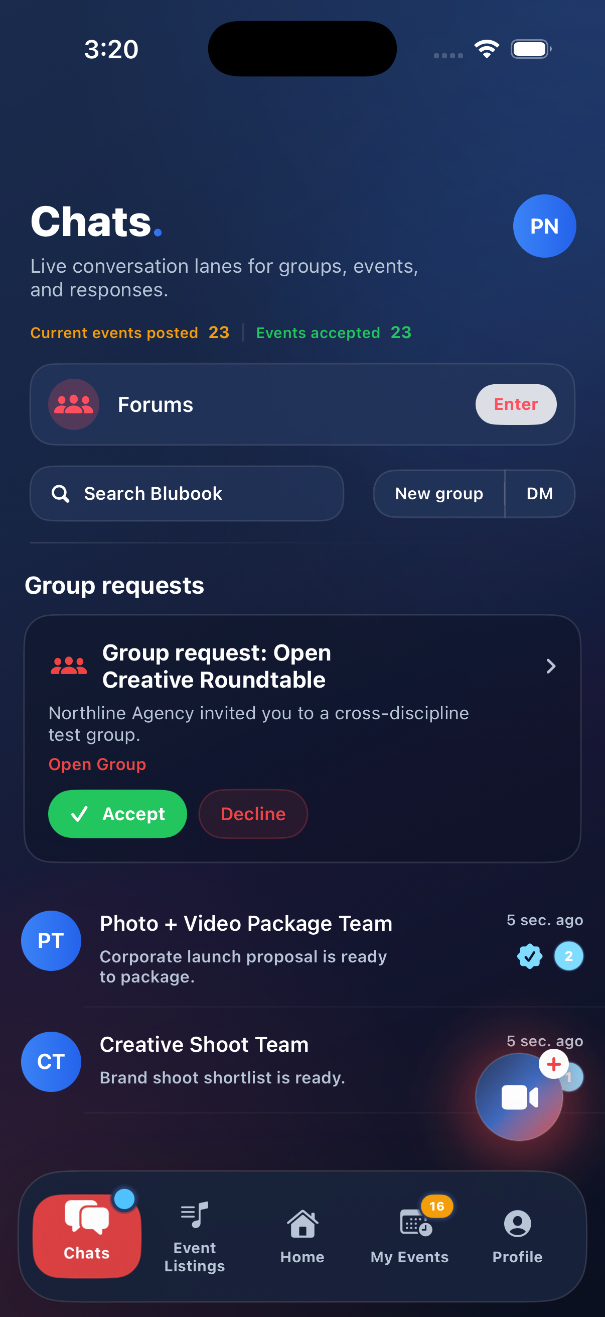 Content creator demo account Chats screen with creative shoot group requests and messages