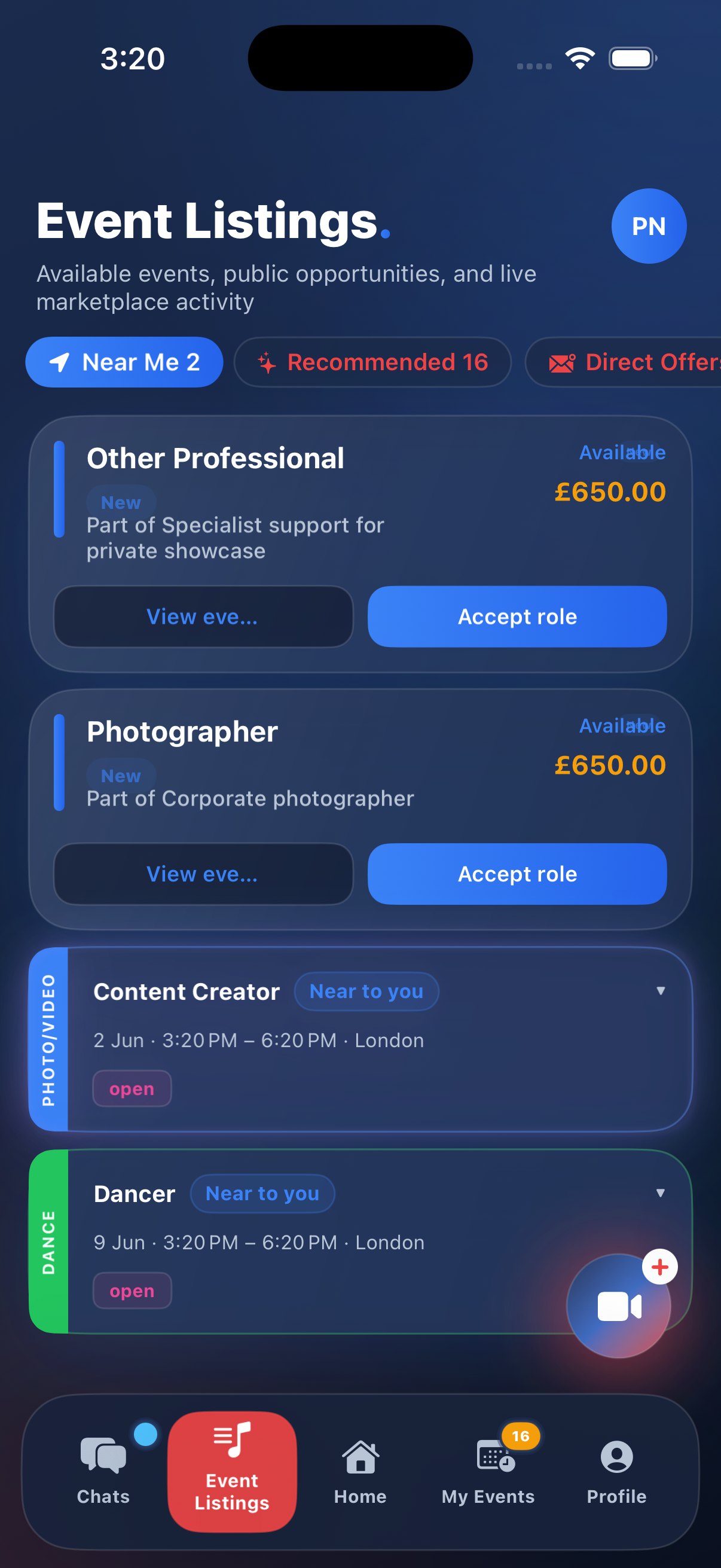 Content creator demo account Event Listings screen with creator-focused event cards