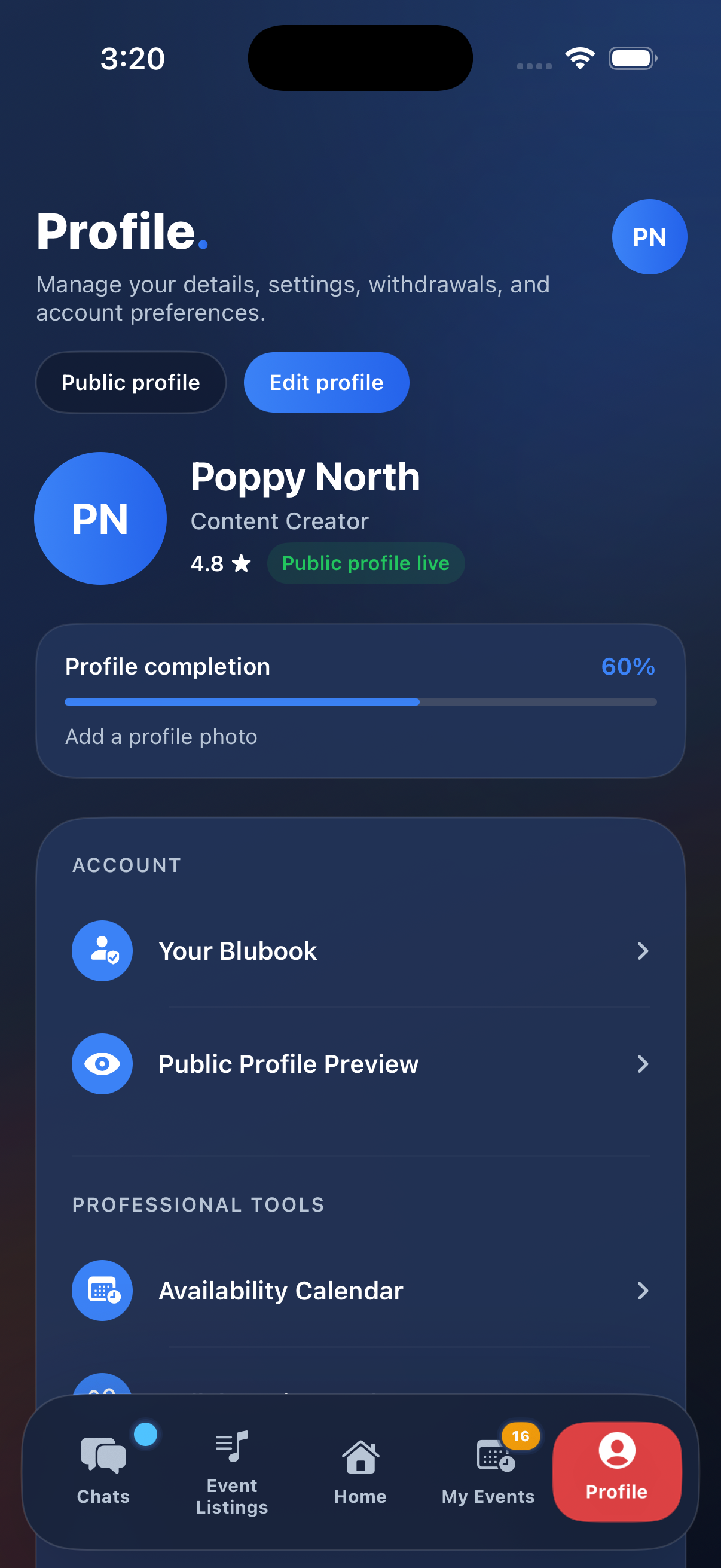 Content creator demo account Profile screen with content creator details and account tools