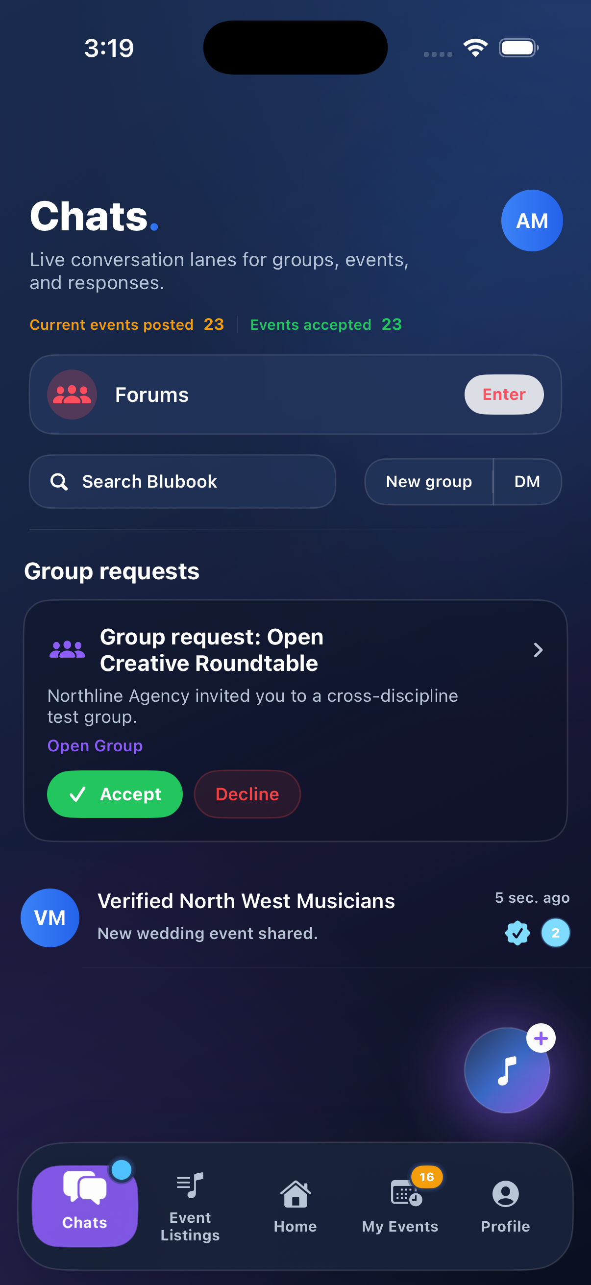Musician demo account Chats screen with group requests and live conversation lanes
