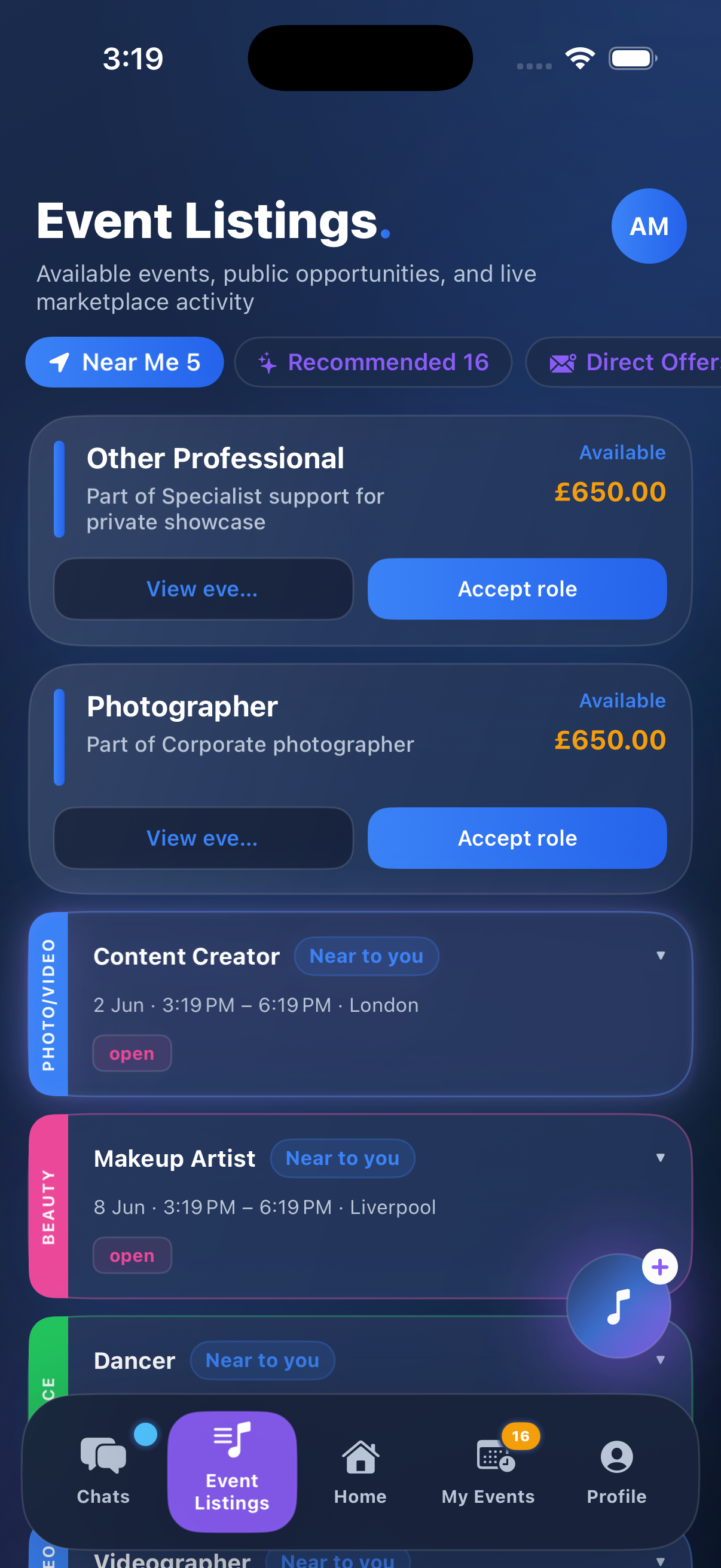 Musician demo account Event Listings screen with live event cards and accept role actions