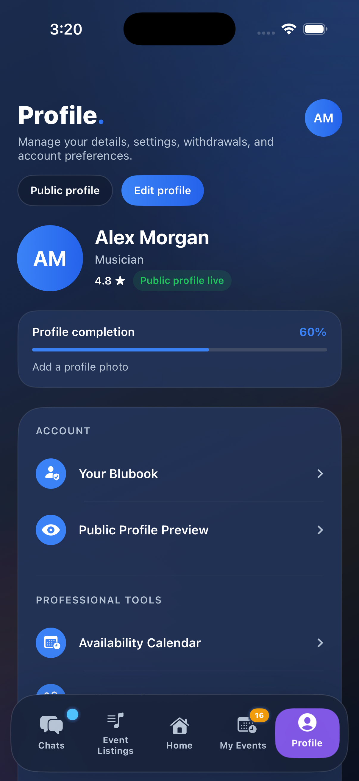 Musician demo account Profile screen with public profile, completion, and professional tools