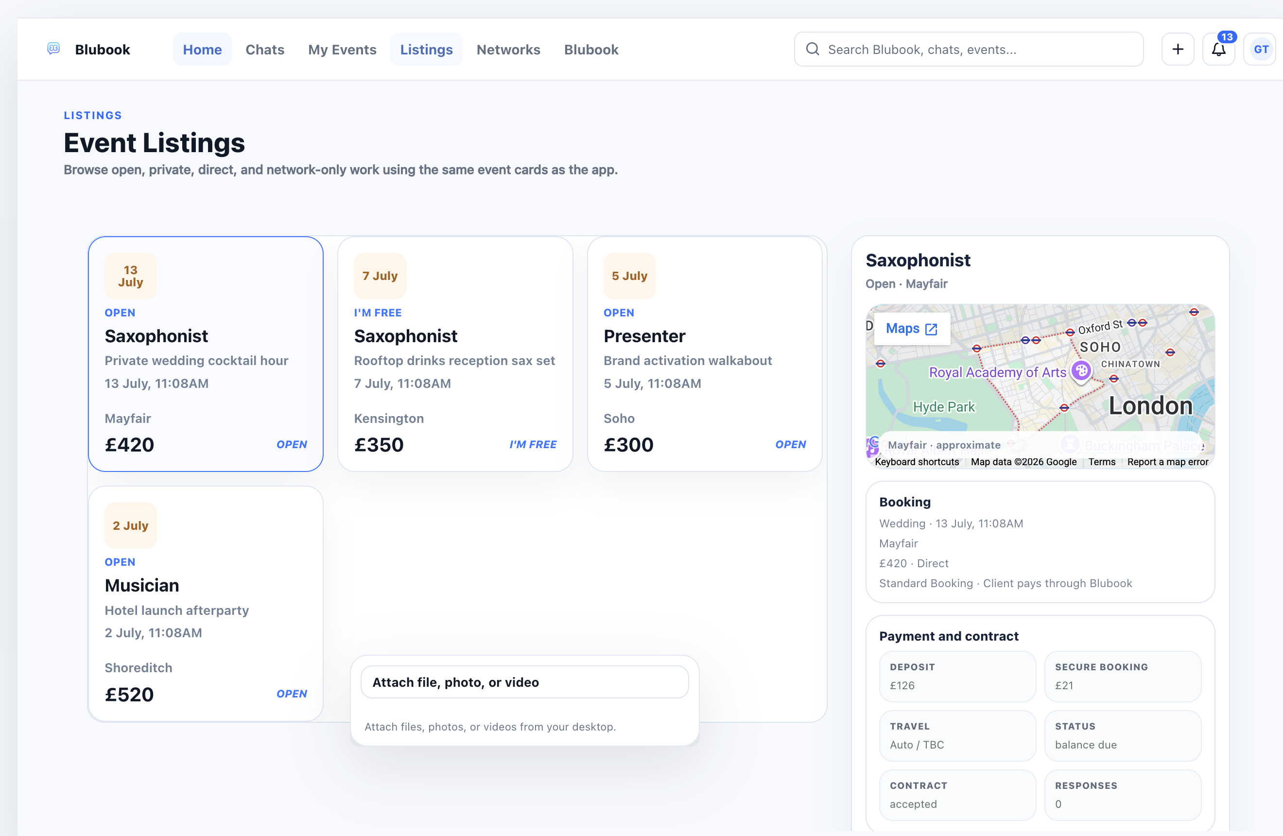 Blubook desktop event listings with map and payment details
