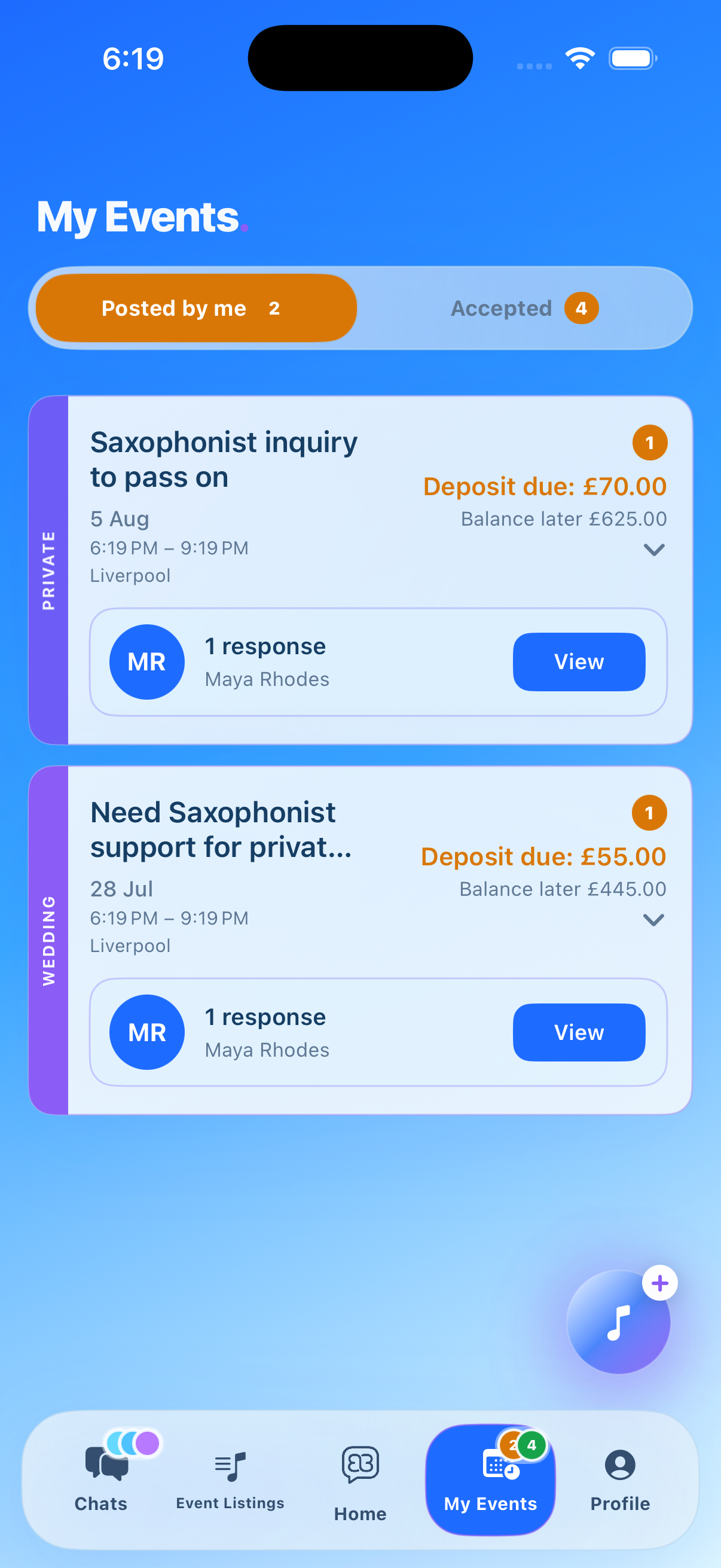 Blubook booked saxophonist event in the default blue colour scheme