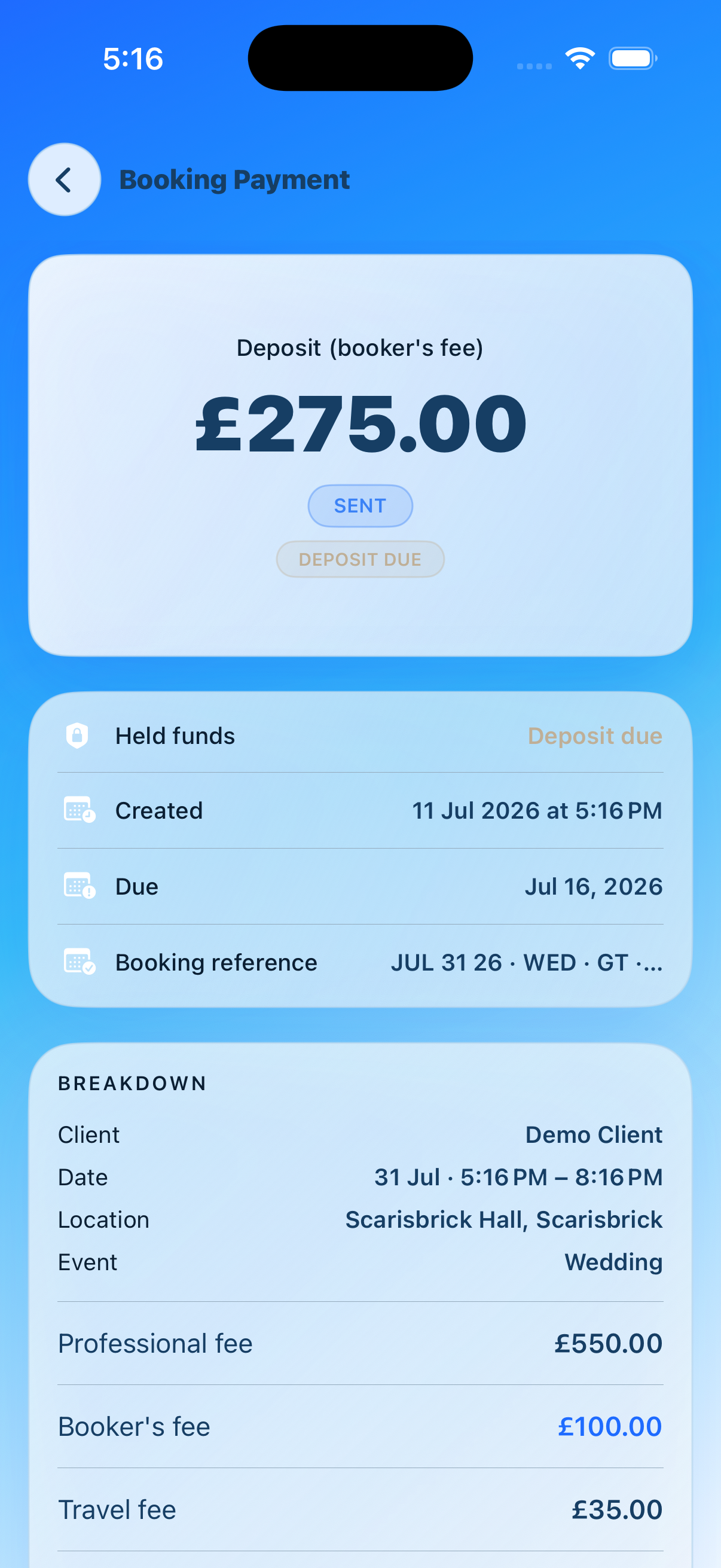 Real Blubook iOS artist-side Booking Payment screen showing a sent deposit invoice with amount due, due date and booking breakdown