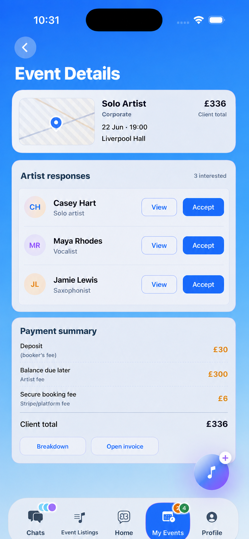 Artist-side Blubook iOS event details showing a list of available artists with View and Accept actions
