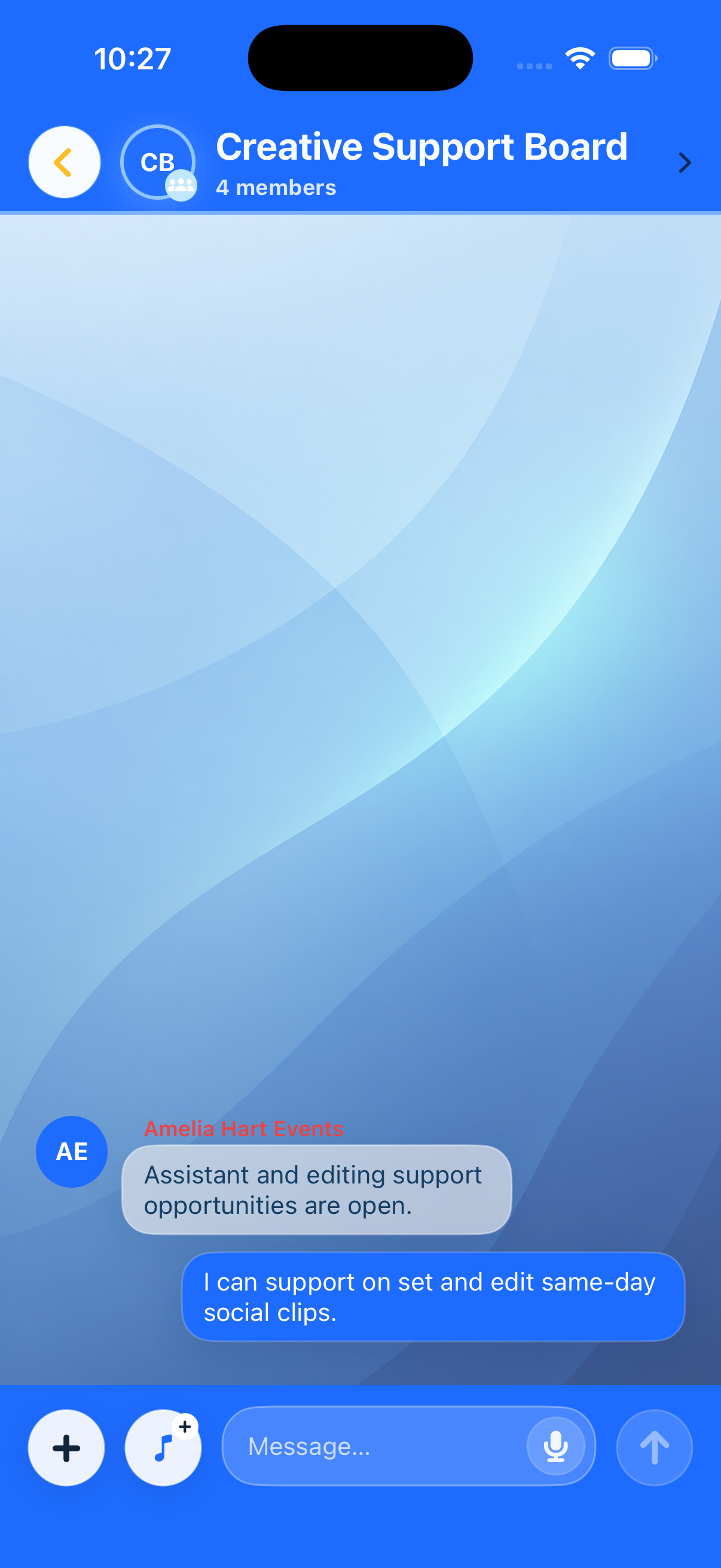 Artist-side Blubook chat on the default chat background