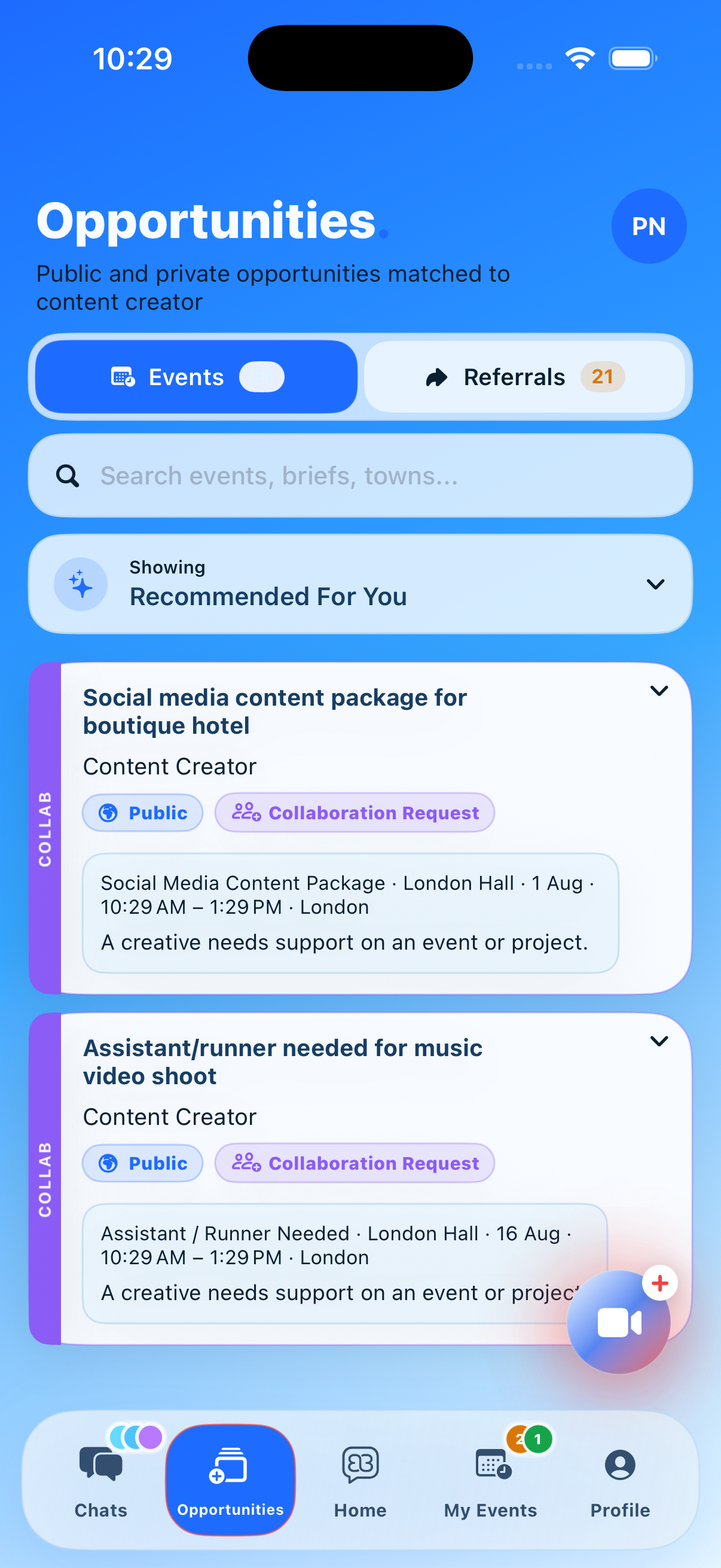 Artist-side Blubook Opportunities tab showing public and collaboration requests